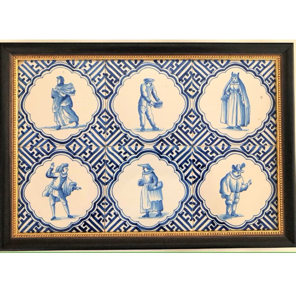 Family Tjallingii Harlingen Delft Blue Custom Framed 6 Tiles Tableau Wall Plaque